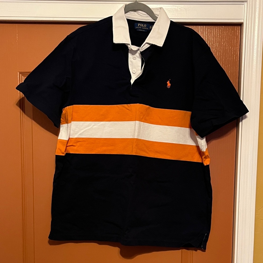 Polo Ralph Lauren Navy Polo with Orange and White Stripes, Like New!